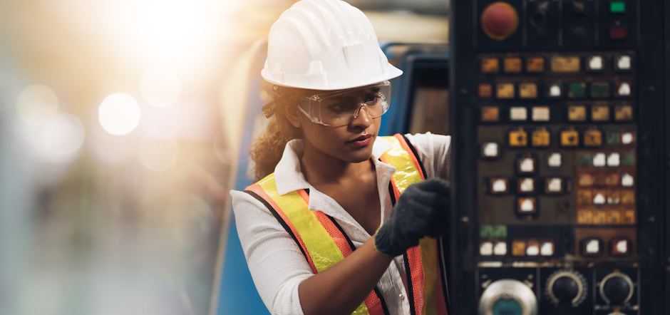 Professional engineering, worker, woman Quality control, maintenance, check in factory, warehouse Workshop for factory operators, engineering team Space and background for text